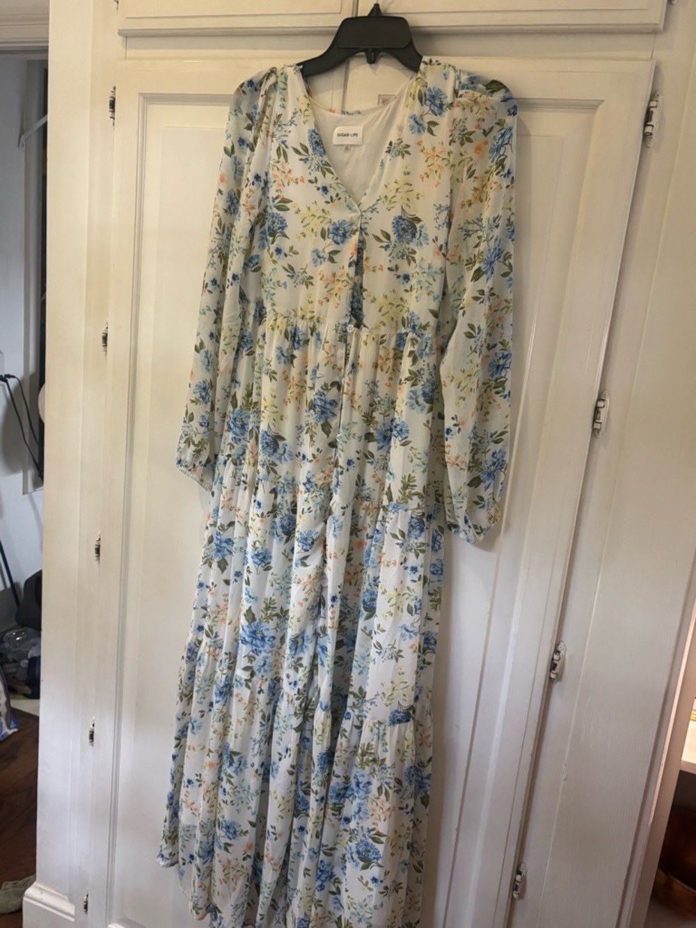 Sugarlips Cream Maxi Dress with Blue Floral Print